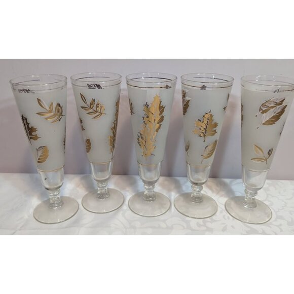 Libbey Pilsner Glasses & Ice Bucket - Frosted With Golden Leaves - Set of 5 - Picture 2 of 7